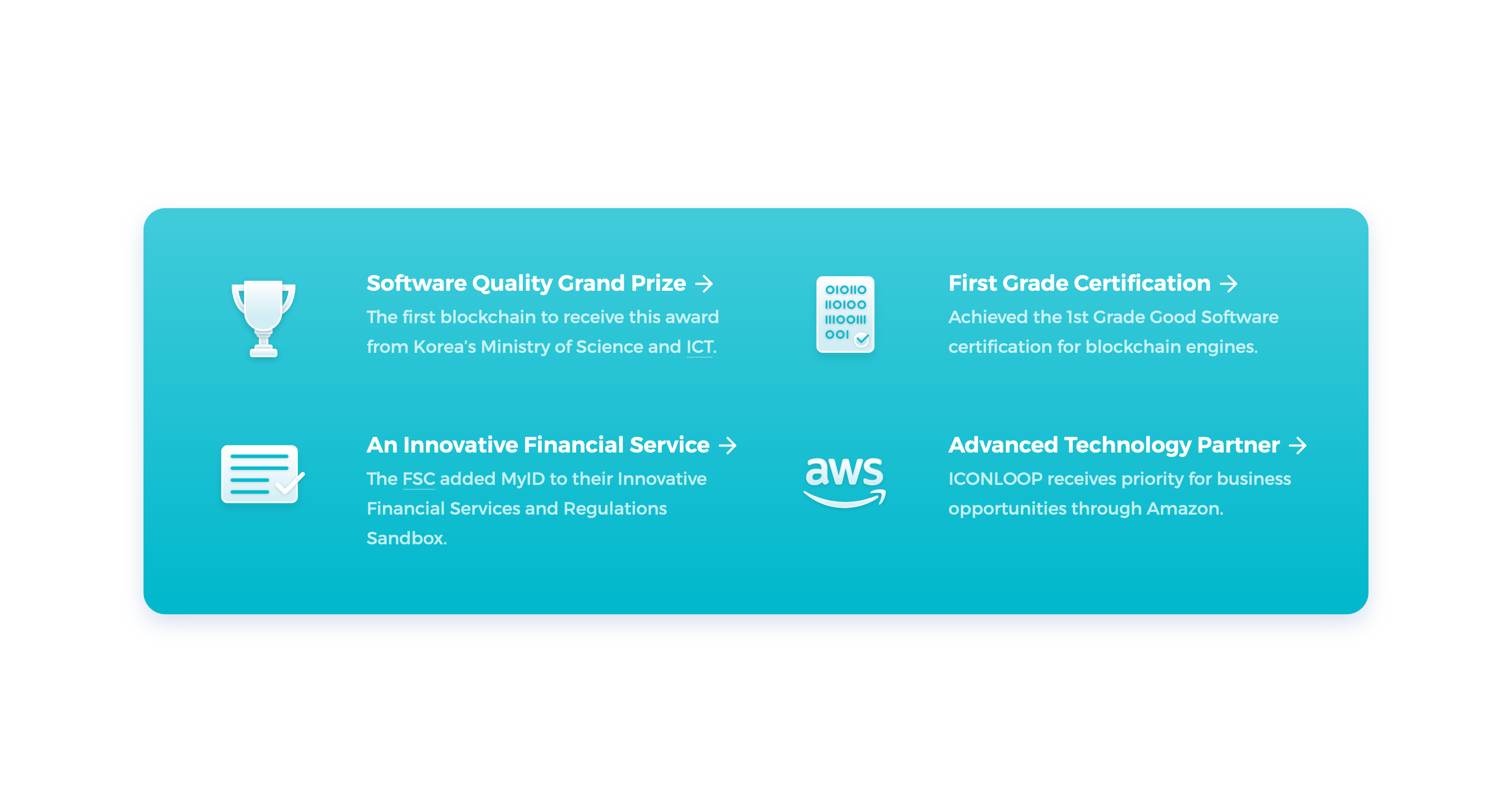 A collection of notable awards and support ICON's enterprise intiatives have received, including the Software Quality Grand Prize from Korea's Ministry of Science and CIT, First Grade Certification from Good Software, and an Amazon Advanced Technology Partner.